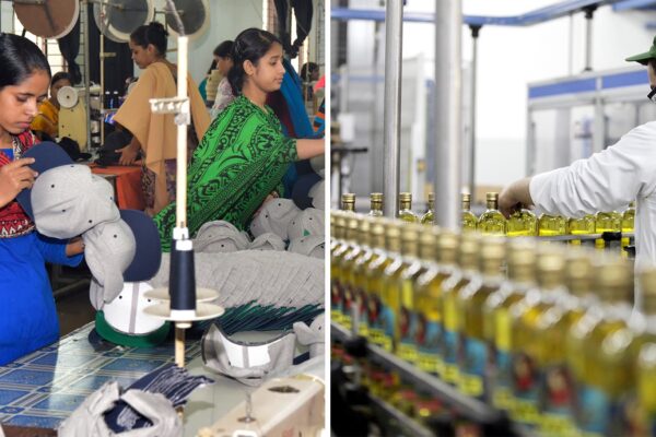 מימין: פס ייצור במפעל לשמן זית באיטליה,ומפעל לייצור כובעים בבנגלדש. (צילום: Alessia Pierdomenico /  Sk Hasan Ali / Shutterstock.com)