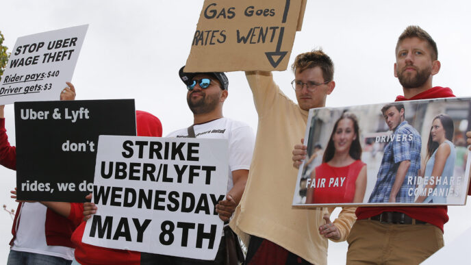 הפגנה של עובדי אובר ליד שדה התעופה בלוס אנג׳לס. (צילום: AP Photo/Damian Dovarganes)