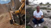 מג'די מאג'ד עלי חמד והכלי ההנדסה שתחתיו נמחץ למוות (צילומים: עמוד הפייסבוק של הקבוצה למאבק בתאונות בניין ותעשייה)