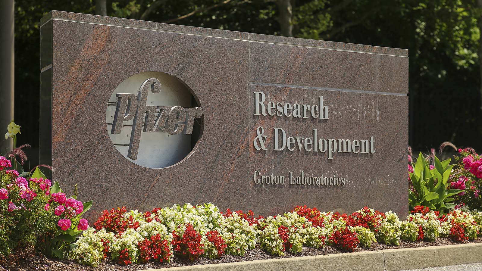 שלט בכניסה למעבדות מחקר ופיתוח של חברת ״פייזר״. (צילום: AP Photo/Stew Milne)