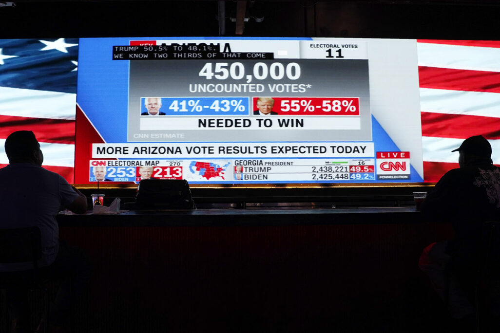 צופים בבר בתוצאות הבחירות בארצות הברית (צילום: AP Photo/Chris Pizzello)