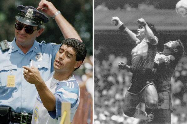 דייגו מראדונה מימין: מונדיאל 86' מול נבחרת אנגליה מבקיע את 'שער יד האלוהים'. משמאל: בהכנות למונדיאל 94' בארה"ב, הודח מהטורניר עקב שימוש בסמים (צילום: AP Photo/Eduardo Di Baia/El Grafico, Buenos Aires).