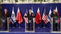 (L to R) US Secretary of State Mike Pompeo prepares to put on his mask as Israeli Prime Minister Benjamin Netanyahu approaches Bahrain's Foreign Minister Abdullatif bin Rashid Al Zayani during a press conference after their trilateral meeting in Jerusalem on November 18, 2020. Photo by Menahem Kahana/POOL
*** POOL PICTURE, EDITORIAL USE ONLY/NO SALES, PLEASE CREDIT THE PHOTOGRAPHER AS WRITTEN***