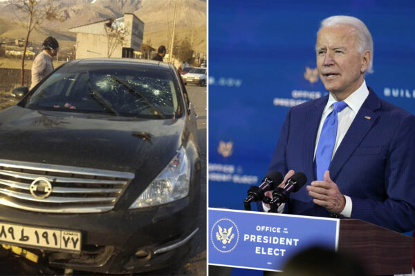נשיא ארה"ב הנבחר ביידן, והרכב בו נסע מדען הגרעין האיראני שחוסל. (צילומים: AP Photo/Andrew Harnik | Fars News Agency via AP)