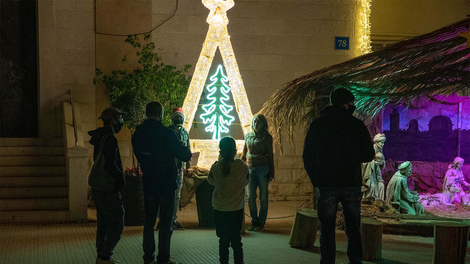 شجرة شوح (شجرة العيد) مضاءة بالنيون وتماثيل قصة ولادة عيسى المسيح في ساحة الكنيسة (تصوير: غيلعاد شريم)