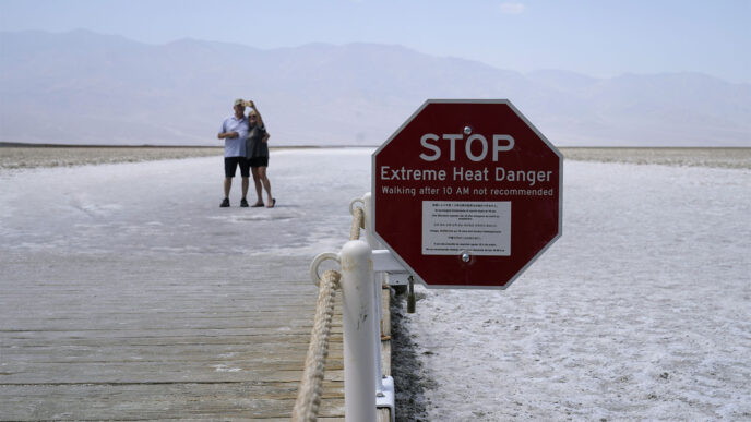 שלט המזהיר מסכנה של חום קיצוני ב'עמק המוות' בקליפורניה, ביום בו נרשמו בו 54.4 מעלות צלזיוס. (צילום: (AP Photo/John Locher)
