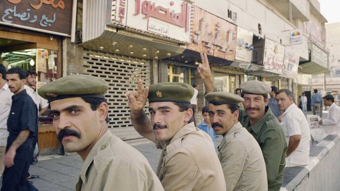 Kurdish soldiers from the Iraqi army break the fast during Ramadan in Baghdad, 1990 (Photo: AP Photo / Andre Camara)