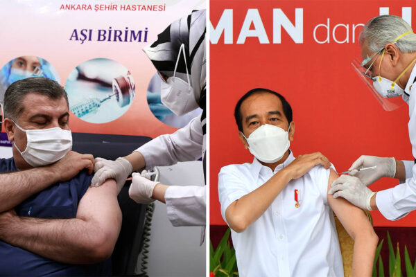 בימין, הנשיא ג'וקו וידודו, מקבל זריקת חיסון נגד קורונה בג'קרטה, אינדונזיה. שר הבריאות של טורקיה, פחרטין קוקה מתחסן. (צילומים: Agus Suparto/Indonesian Presidential Palace, Turkish Health Ministry / AP)