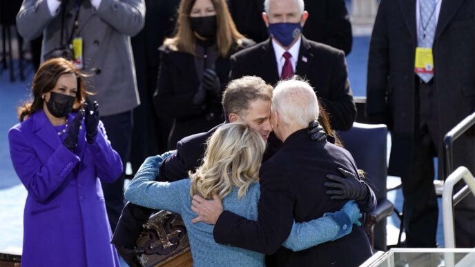 נשיא ארה&quot;ב ג'ו ביידן מחבק את אישתו ג'יל ואת ילדיו האנטר ואשלי אחרי השבעתו לתפקיד. (צילום: AP Photo/Carolyn Kaster)