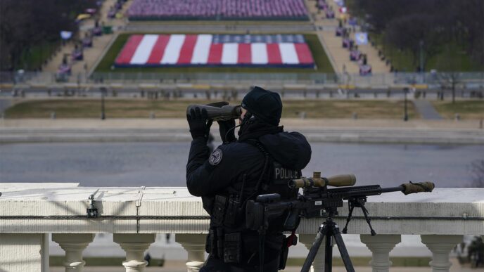 איש כוחות הביטחון צופה על מתחם טקס השבעת הנשיא. (צילום: AP Photo/Susan Walsh, Pool)
