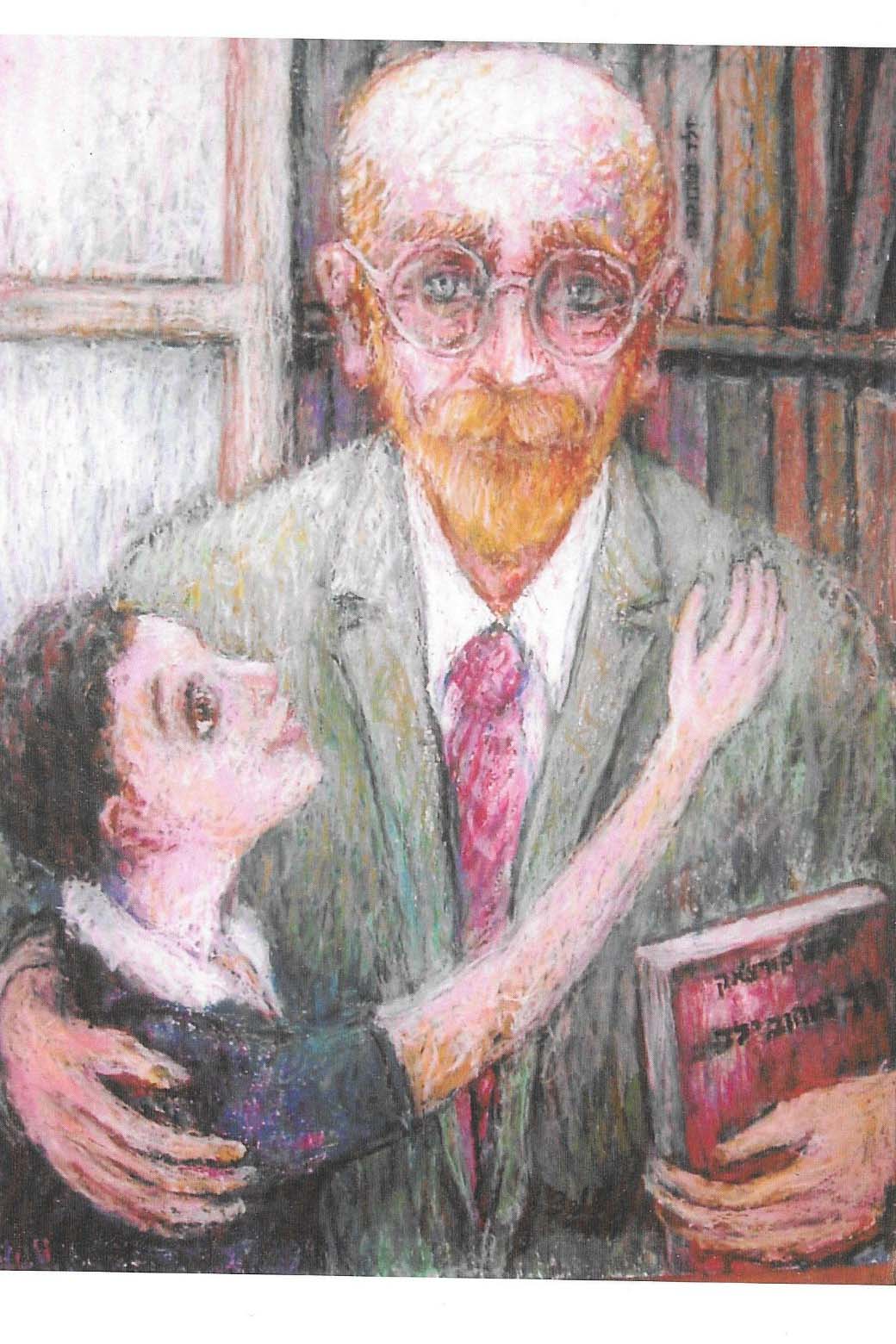 Janusz Korczak with a young girl. (Drawing: Yitzhak Belfer)