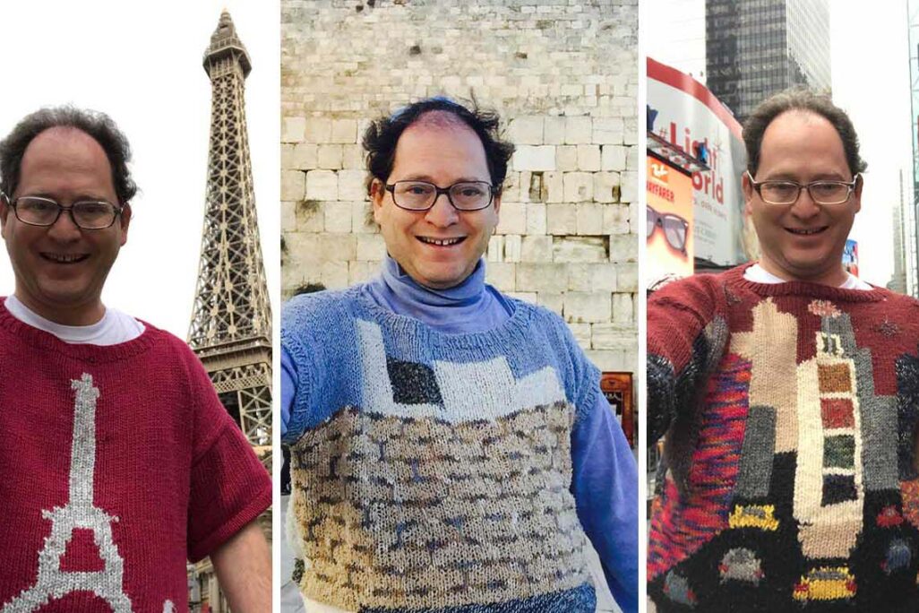 Sam Bersky and the sweaters he knitted. From right to left, Times Square in New York City, , the Western Wall in Jerusalem, and the Eiffel Tower in Paris. (Photo: Private album)