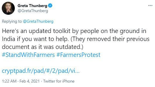 הציוץ של גרטה ת'ונברג עם הקישור למסמך התומך במחאת החקלאים