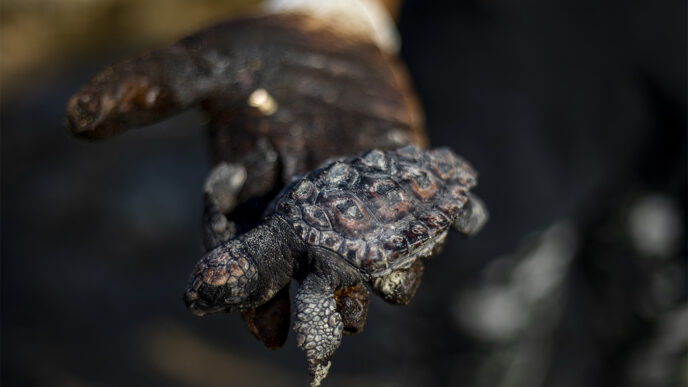 A woman holds a dead sea turtle covered in tar at the Gador nature reserve near Hadera, Israel, Saturday, Feb. 20, 2021. (AP Photo/Ariel Schalit)