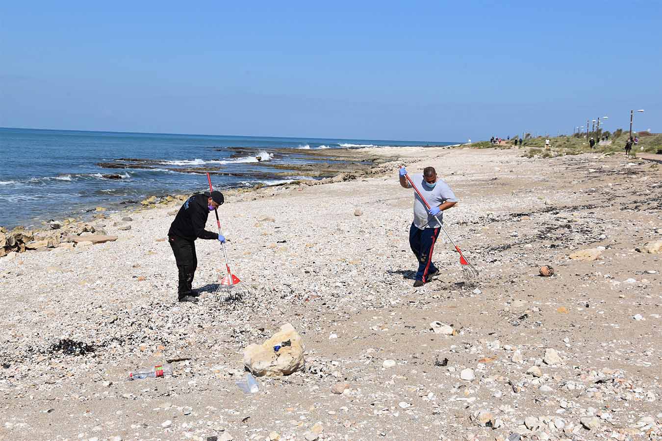 עלי ומנצור, קבלני משנה, מנקים את החוף בחיפה. הפיקוח העירוני מספק שקיות וכפפות (צילום: שי ניר)