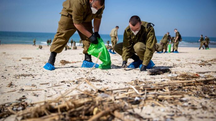 IDF soldiers taking part in an effort to clean beaches of tar and oil (Photo: Yonatan Zindel/Flash90)