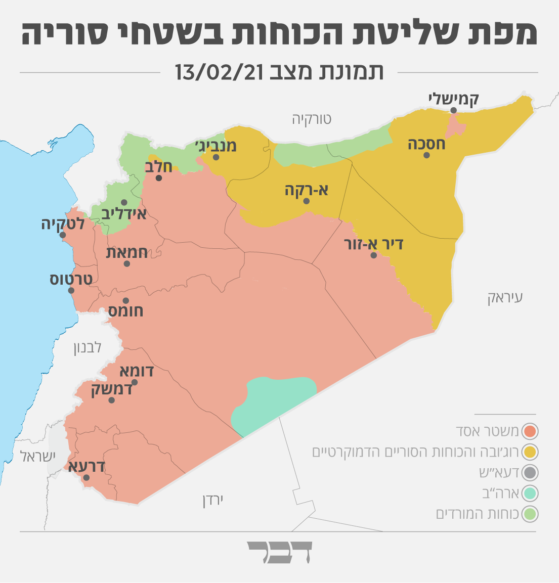 מפת שליטת הכוחות בסוריה, מעודכנת לפברואר 2020 (גרפיקה: אידאה)