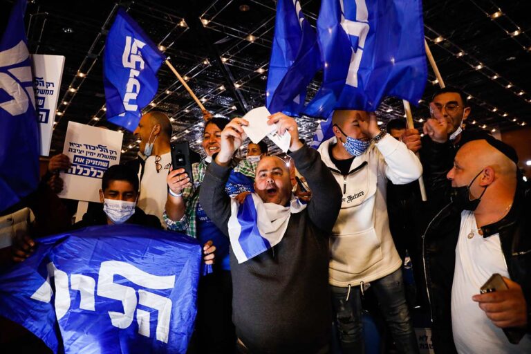 Likud supporters at the party's headquarters after winning the 2021 elections (Photo: Olivier Fitosi/Flash90)