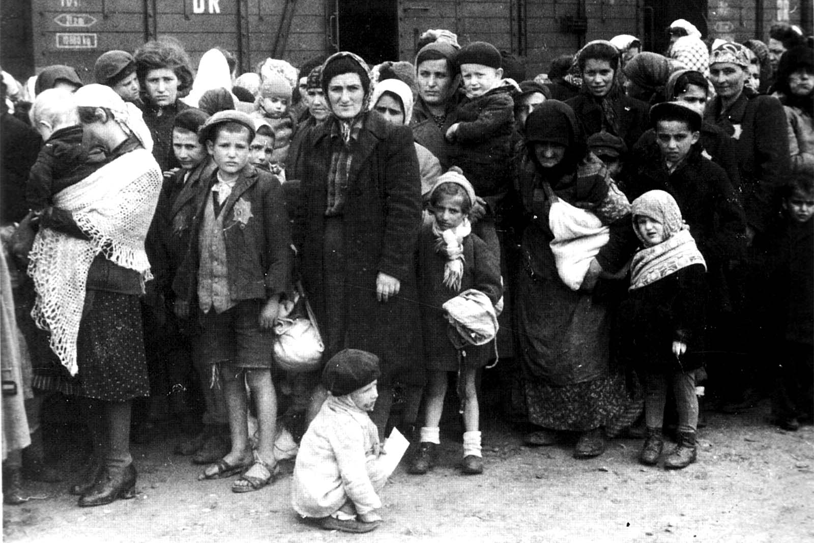 קיץ 1944, קבוצת מגורשים יהודים מהונגריה מגיעה ברציף הרכבת של מחנה ההשמדה אושוויץ (צילום: ויקימדיה).