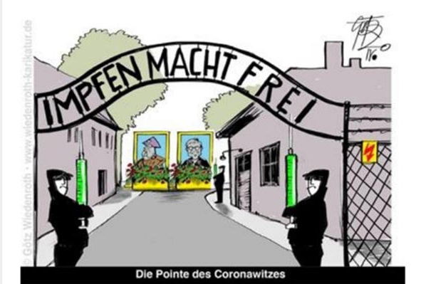 קריקטורה של שער הכניסה לאושוויץ ועליו המילים "החיסון משחרר", במקום "העבודה משחררת" (קרדיט: דינה פורת)