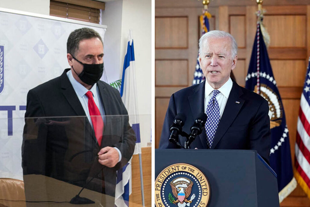 Finance Minister Israel Katz and President Joe Biden (Photo on left: Oliver Pitosi/Flash 90. Photo on right: AP Photo/Patrick Semansky).