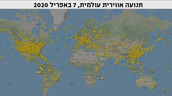 תנועה אווירית עולמית 7 במרץ מול 7 באפריל, 2020. מגבלות הנסיעות בין מדינות ובתוכן צמצמו את הטיסות ב -80% (מקור: FloghtRadar24)