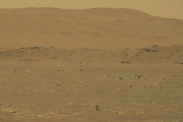 אינג'ניואיטי' , המסוק הניסיוני של נאס"א, נוחת על פני מאדים אחרי טיסת הבכורה שלו מעל הכוכב.(צילום: NASA via AP)