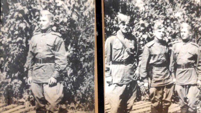 סוקולוב (מימין, ולבד בתמונה השמאלית) וחברים ליחידה עם ההגעה לחזית המערבית ב-1943. &quot;&quot;שם לראשונה נתנו לנו בגדים יפים, רובה וקליעים&quot; (צילום: אלבום פרטי)