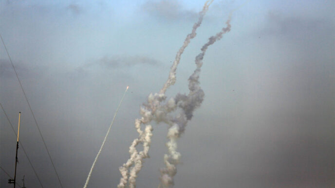 Smoke trails of rockets launched from Rafah. southern Gaza Strip. May 10, 2021. (Photo: Atia Mohammed/Flash90)