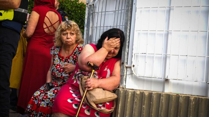 Women near an apartment building that was hit by a rocket fired from Gaza. Ashkelon, southern Israel, on May 11, 2021. Photo by Edi Israel/Flash90