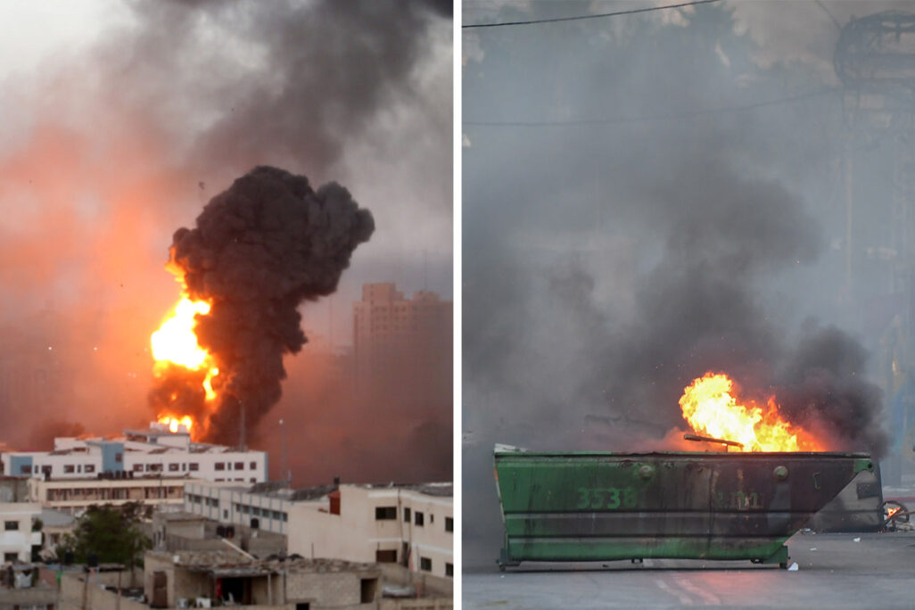 A garbage can is set on fire during riots in Jaffa. Gaza Air Force shelling (Photo: Ashalom Shashoni / Flash 90 / REUTERS / Ibraheem Abu Mustafa)
