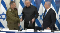 ראש הממשלה בנימין נתניהו (מימין), שר הביטחון בני גנץ והרמטכ"ל אביב כוכבי בהצהרה בתום מבצע שומר החומות (צילום מסך)