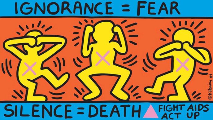 כרזת &quot;בורות = פחד, שתיקה = מוות&quot; מעשה ידי האמן קית' הרינג, 1989 (עמותת קית' הרינג)