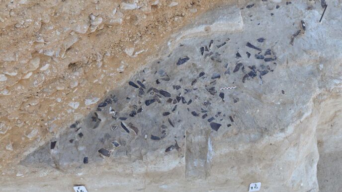שכבה של כלי צור האופיינים לתקופת הפליאולית העליון הקדום, כפי שנמצאו בחפירת אתר בוקר תחתית (צילום: אליזבטה בוארטו, מכון ויצמן למדע)