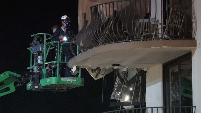 עובדים משתמשים במנוף לבדיקת מרפסות בחלק של הבניין בפלורידה שעדיין לא קרס. (צילום: AP Photo/Gerald Herbert)