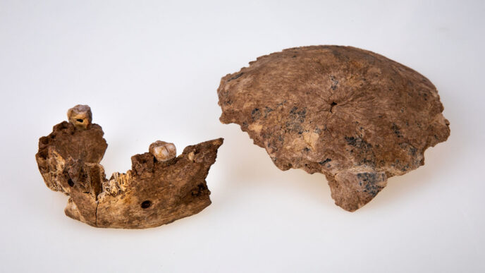 שרידי חלק הגולגולת והלסת של טיפוס האדם מנשר רמלה (צילום: אוניברסיטת תל אביב)