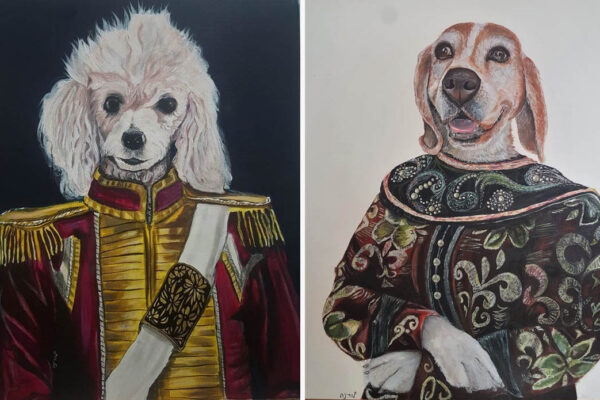דיוקן של הכלבה ננה (מימין), ודיוקן של הכלב אבוש (ציור: לורינה מרדכי)