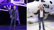 ריצ'רד ברנסון וגף בזוס ברקע תכניות החלל הפרטיות שלהם (צילומים: AP Photo/Patrick Semansky, Mark J. Terrill)