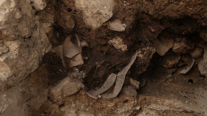 שרידי חורבן שהתגלו בסמוך לחומה בעונות החפירה הקודמות (צילום: אליהו ינאי עיר דוד)