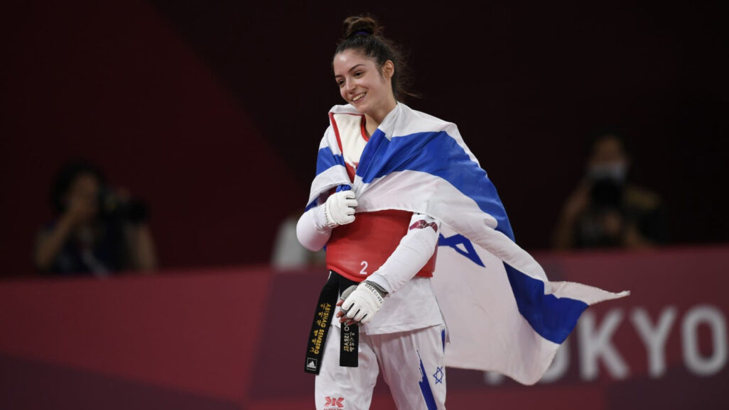 Avishag Semberg celebrates the bronze medal win at the Tokyo Olympics (Photo: Amit Shissel, courtesy of the Israel Olympic Committee)