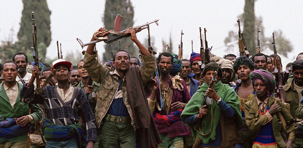 חיילי מיליציה צועדים במחוז תיגראי. הצדדים מאשימים זה את זה במעשי טבח וטיהור אתני (צילום: פטריק רוברט, Getty Images)