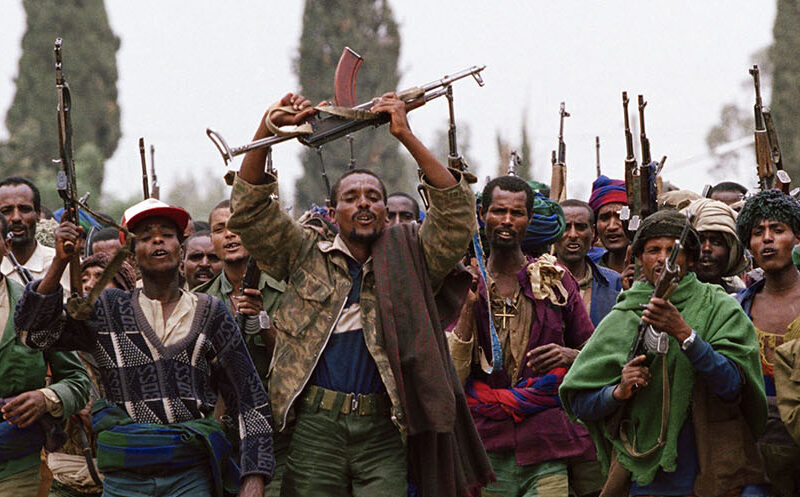 חיילי מיליציה צועדים במחוז תיגראי. הצדדים מאשימים זה את זה במעשי טבח וטיהור אתני (צילום: פטריק רוברט, Getty Images)