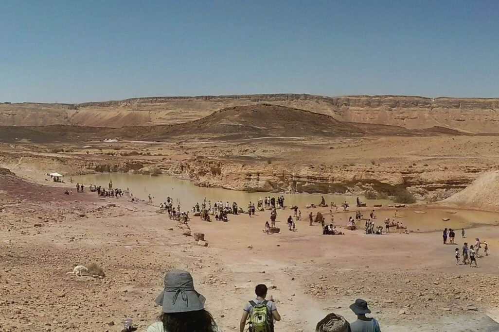 ה"חוף" של מצפה רמון, כשיש בו מים. "בימי האביב מגיעים אליו המוני מצפאים בבגדי ים" (צילום: אוריאל לוי)