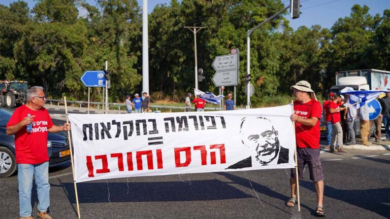 Farmers protesting the Arrangements Law agriculture reforms. The sign, along with a picture of Finance Minister Avigdor Lieberman, reads: &quot;Reforms in Agriculture = Destruction and Devastation.&quot; (Photo: Bryce Kenny)