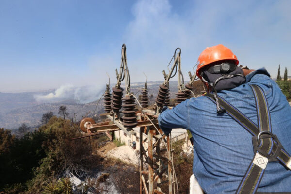 עובדי חברת החשמל מטפלים בנזקי השריפה (צילום: יוסי וייס / חברת החשמל)
