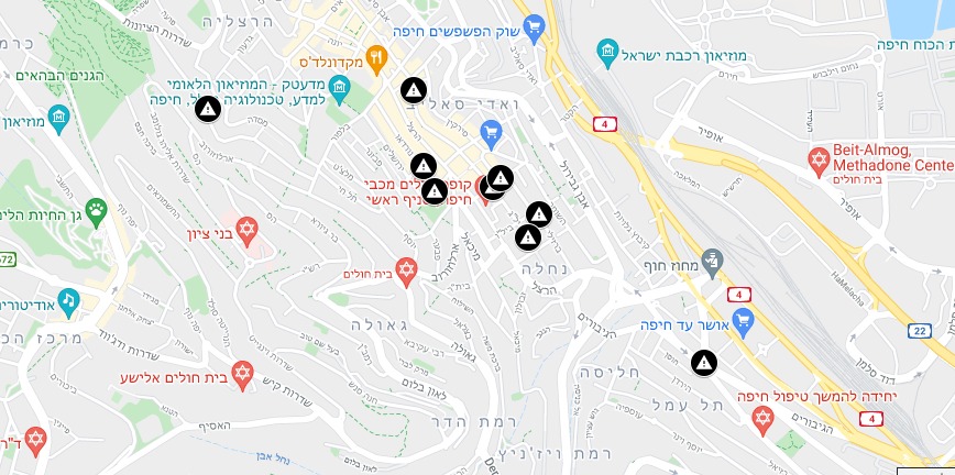 מפת זירות איתור גופות קשישים בדירות בעיר חיפה (קרדיט: זק״א)