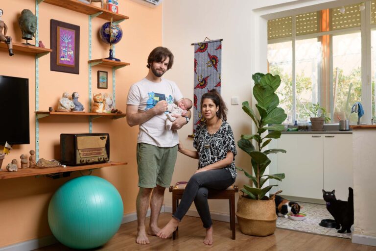 Ziv Avraham and Adva Bohbot with their baby Goni. (Photo: Jonathan Bloom)