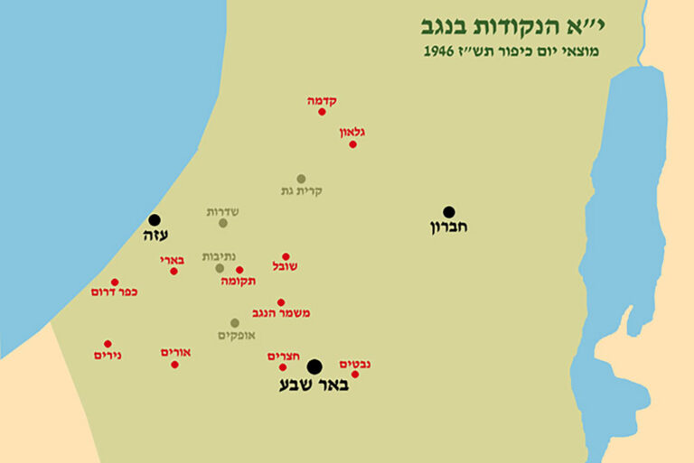 ההתיישבות בנגב. באדום 11 הנקודות שקמו במוצאי יום כיפור 1946 (ארכיון משמר הנגב)