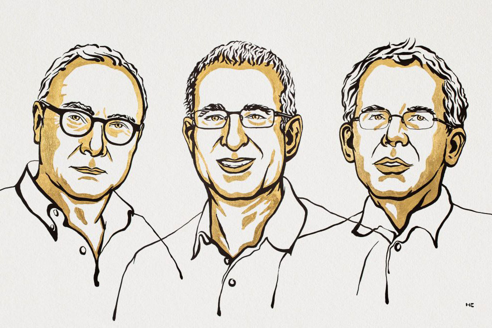 דיוויד קארד, ג'ושוע אניגריסט וג'ודיו אימנס (קרדיט: Ill. Niklas Elmehed © Nobel Prize Outreach)