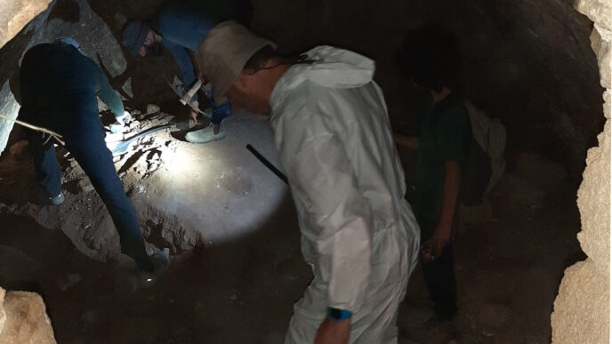 צוות של המשרד להגנת הסביבה בודק חשד לקרציות מערות בבתרונות רוחמה (צילום: ד&quot;ר גל זגרון, המשרד להגנת הסביבה)